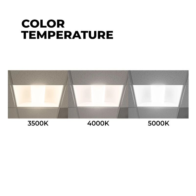 Graphic comparing troffers emitting different color temperatures Graphic comparing troffers emitting different color temperatures