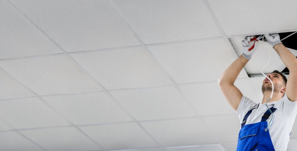 Someone installing an LED driver into a grid ceiling. 