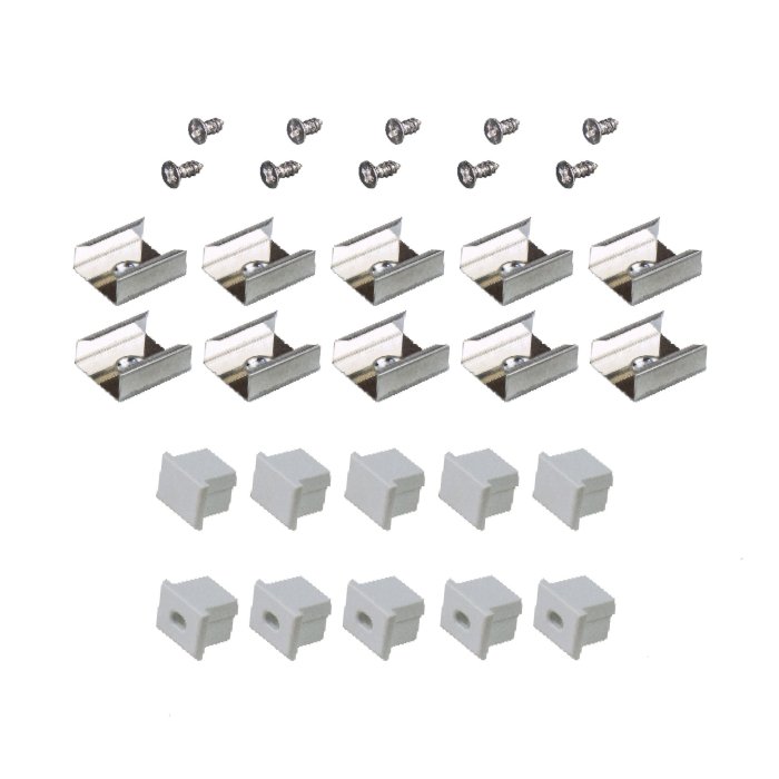 This hardware kit includes ten mounting brackets and screws, and ten gray endcaps (five with wire access holes, five without). This hardware kit includes ten mounting brackets and screws, and ten gray endcaps (five with wire access holes, five without).