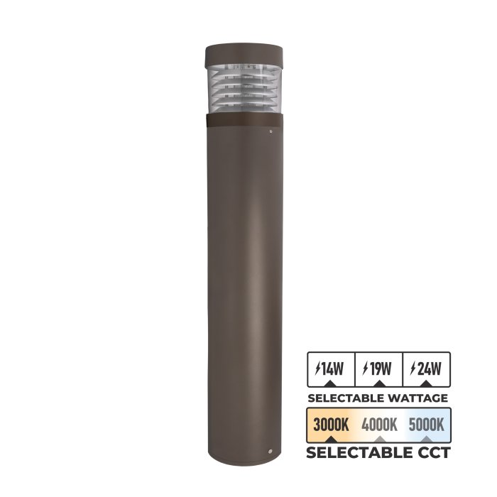 The Bronze Round Flat Top LED Bollard Light features a louvered reflector and selectable wattage (14W, 19W, 24W) and CCT (3000K, 4000K, 5000K). The Bronze Round Flat Top LED Bollard Light features a louvered reflector and selectable wattage (14W, 19W, 24W) and CCT (3000K, 4000K, 5000K).