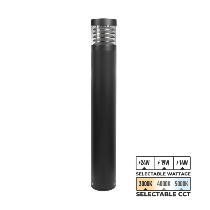 Black Round Flat Top LED Bollard with Louvers - Selectable Wattage 14W / 19W / 24W - Selectable CCT 3000K / 4000K / 5000K Black Round Flat Top LED Bollard with Louvers - Selectable Wattage 14W / 19W / 24W - Selectable CCT 3000K / 4000K / 5000K