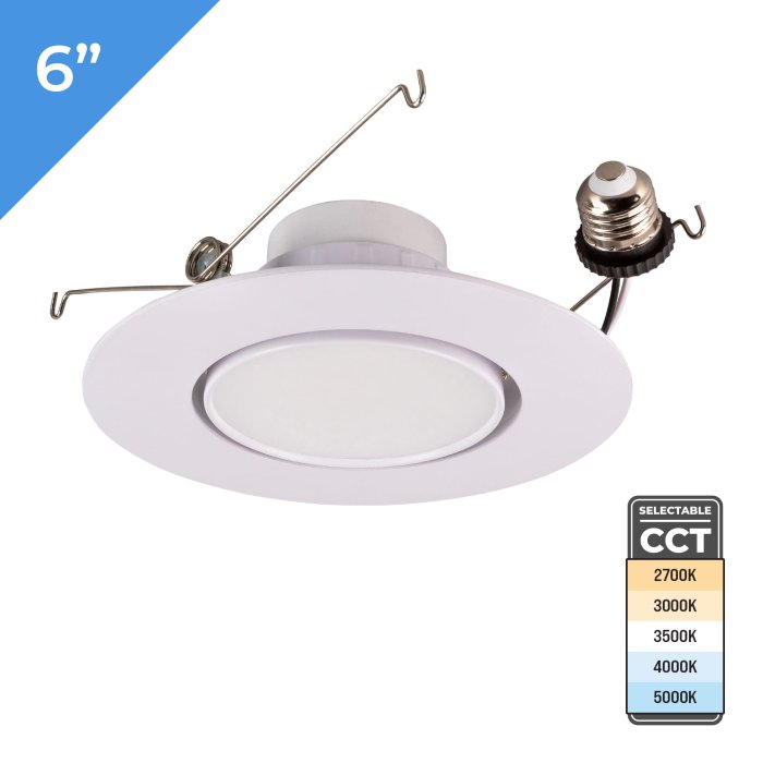 6 inch Gimbal Trim Recessed Retrofit LED Downlight. 16 watt. Selectable CCT. TRIAC Dimmable. 75 watt Incandescent Equivalent. Up to 1,195 Lumens 6 inch Gimbal Trim Recessed Retrofit LED Downlight. 16 watt. Selectable CCT. TRIAC Dimmable. 75 watt Incandescent Equivalent. Up to 1,195 Lumens