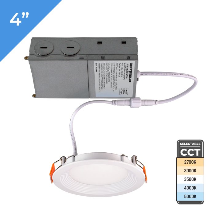 4 inch Ultra-Thin Baffle Trim LED Downlight. 9 watt. Selectable CCT. TRIAC Dimmable. 60 watt Incandescent Equivalent. Up to 700 Lumens. Connected to a dimmable driver junct 4 inch Ultra-Thin Baffle Trim LED Downlight. 9 watt. Selectable CCT. TRIAC Dimmable. 60 watt Incandescent Equivalent. Up to 700 Lumens. Connected to a dimmable driver junct