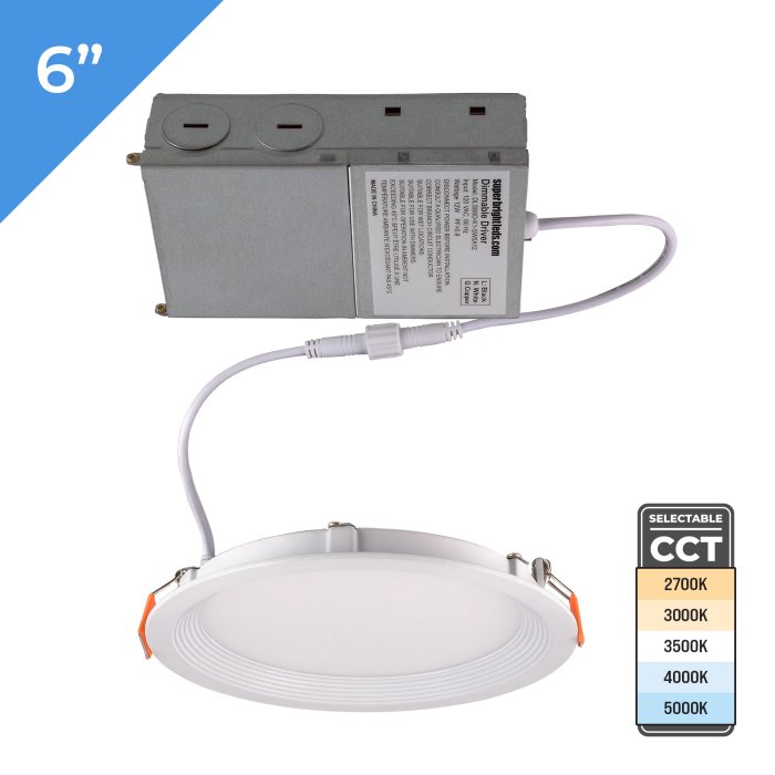 6 inch Ultra-Thin Baffle Trim LED Downlight. 12 watt. Selectable CCT. TRIAC Dimmable. 75 watt Incandescent Equivalent. Up to 1,010 Lumens. Connected to a dimmable driver junction box. 6 inch Ultra-Thin Baffle Trim LED Downlight. 12 watt. Selectable CCT. TRIAC Dimmable. 75 watt Incandescent Equivalent. Up to 1,010 Lumens. Connected to a dimmable driver junction box.