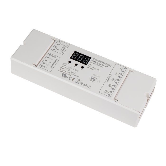 4 Channel LED DMX512 and RDM Digital Decoder - 8 A/CH - Digital Display - 12-36 VDC 4 Channel LED DMX512 and RDM Digital Decoder - 8 A/CH - Digital Display - 12-36 VDC