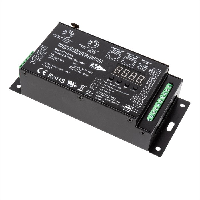 5 Channel LED DMX512 and RDM Digital Decoder and Master - 8 A/CH - Digital Display - 12-24 VDC 5 Channel LED DMX512 and RDM Digital Decoder and Master - 8 A/CH - Digital Display - 12-24 VDC