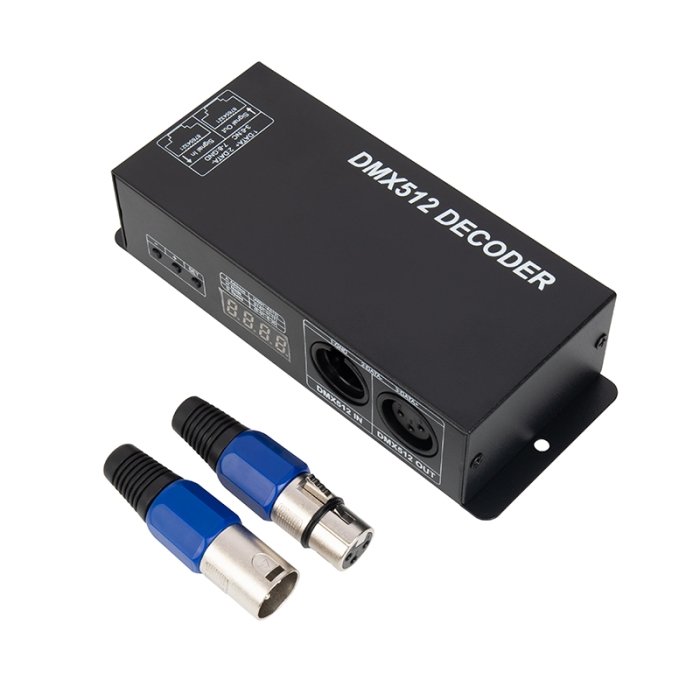 LED DMX512 Decoder - 3 Channel - 8 A/CH - Address Digital Display - 12-24 VDC with included Male and Female XLR3 connectors LED DMX512 Decoder - 3 Channel - 8 A/CH - Address Digital Display - 12-24 VDC with included Male and Female XLR3 connectors