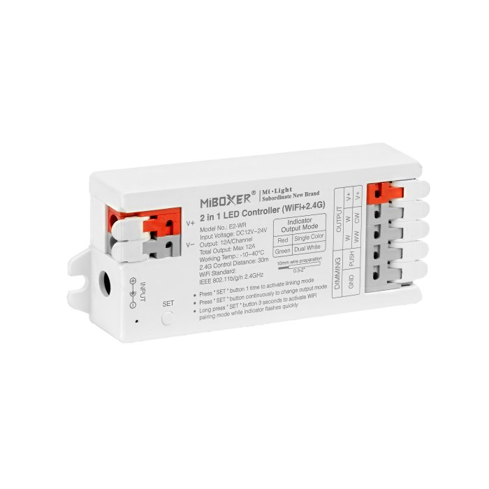 MiBoxer 2-in-1 Wireless LED Strip Light Controller with Lever Connectors - Single-Color CCT / Tunable White - Hubless - 12 Amps / Channel - 12-24 VDC - Optional Remote main product photo