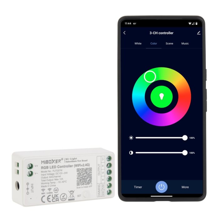 MiBoxer LED Controller - Wireless RGB LED Strip Lights - Hubless - 6 Amps / Channel - 12-24 VDC - Optional Remote main product photo