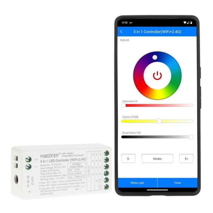 MiBoxer 3-in-1 Wireless LED Strip Controller - RGB / RGBW / RGB+CCT LED Strip Lights - Hubless - 6 Amps / Channel - 12-24 VDC - Optional Remote main product photo