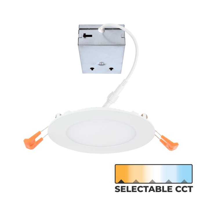 The TCP 4" Ultra-Thin Snap-In LED Downlight features selectable CCT (2700K, 3000K, 3500K, 4000K, 5000K). The TCP 4" Ultra-Thin Snap-In LED Downlight features selectable CCT (2700K, 3000K, 3500K, 4000K, 5000K).