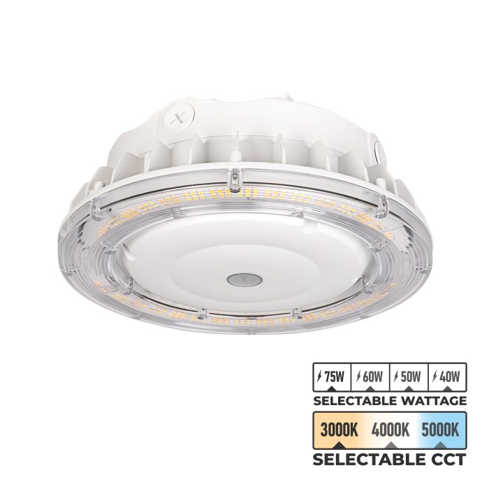 The LED Canopy Light has selectable wattage (40W, 50W, 60W, or 75W) and selectable CCT (3000K, 4000K, or 5000K). The LED Canopy Light has selectable wattage (40W, 50W, 60W, or 75W) and selectable CCT (3000K, 4000K, or 5000K).