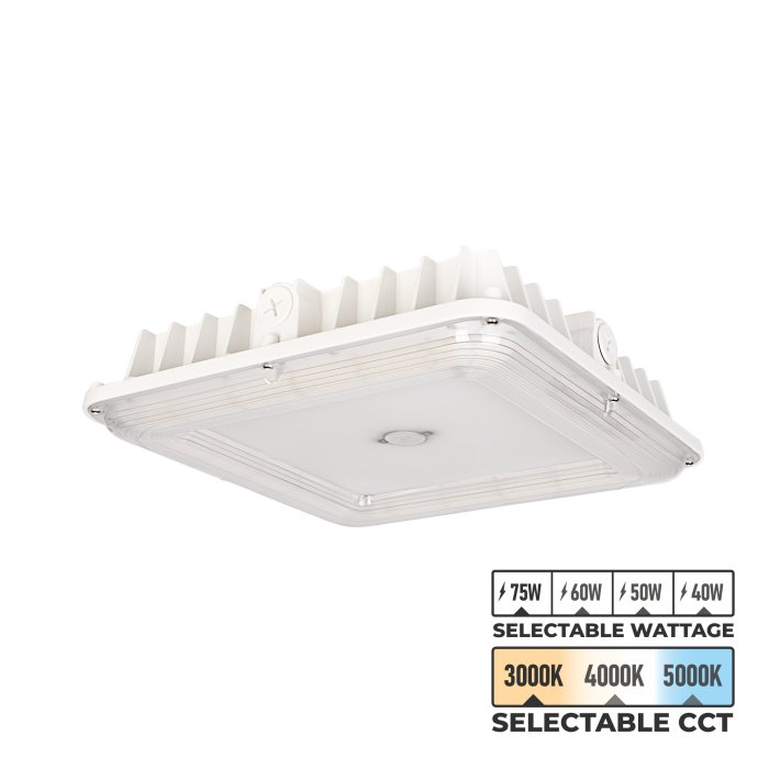 The LED Canopy Light has selectable wattage (40W, 50W, 60W, or 75W) and selectable CCT (3000K, 4000K, or 5000K). The LED Canopy Light has selectable wattage (40W, 50W, 60W, or 75W) and selectable CCT (3000K, 4000K, or 5000K).