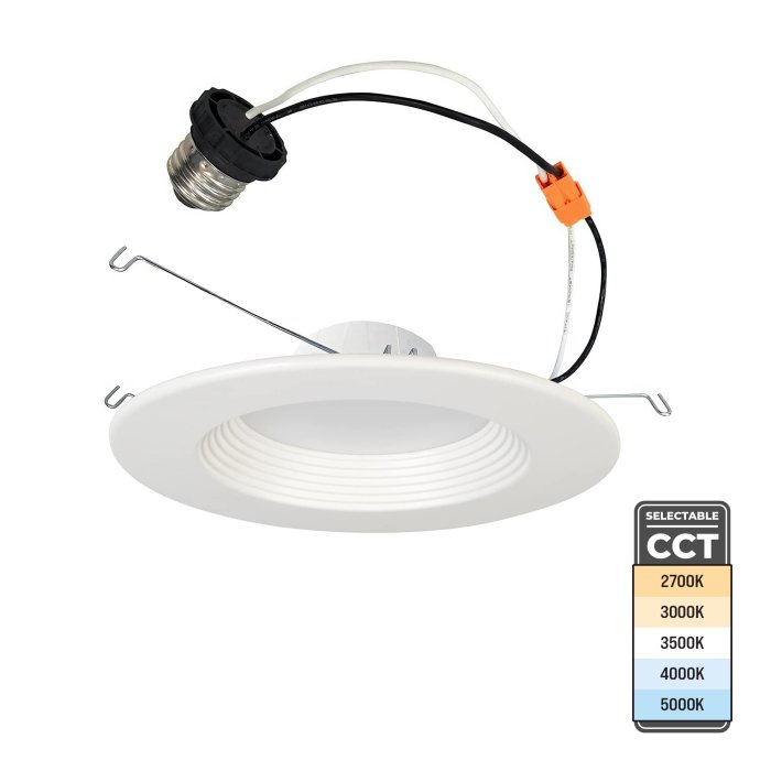 TCP 5 and 6 inch Beveled Retrofit CCT Selectable LED Downlight. 16 Watts. Dimmable. E26 Adapter. Up To 1,400 Lumens. TCP 5 and 6 inch Beveled Retrofit CCT Selectable LED Downlight. 16 Watts. Dimmable. E26 Adapter. Up To 1,400 Lumens.