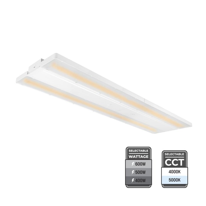 The 4’ LED Linear High Bay features selectable CCT (4000K / 5000K) and selectable wattage (400W / 500W / 600W). The 4’ LED Linear High Bay features selectable CCT (4000K / 5000K) and selectable wattage (400W / 500W / 600W).