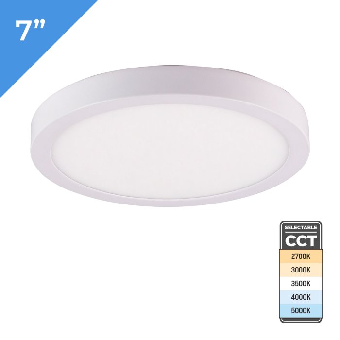 7 inch Flush Mount LED Downlight. 15 watts. Selectable CCT and TRIAC Dimmable. 75 watt Incandescent Equivalent. Up To 1,240 Lumens. 7 inch Flush Mount LED Downlight. 15 watts. Selectable CCT and TRIAC Dimmable. 75 watt Incandescent Equivalent. Up To 1,240 Lumens.