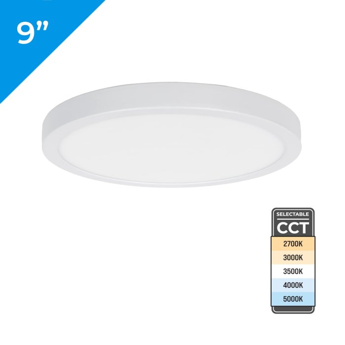 9" Flush Mount LED Downlight - 18W - Selectable CCT - TRIAC Dimmable - 100W Incandescent Equivalent - Up To 1,460 Lumens 9" Flush Mount LED Downlight - 18W - Selectable CCT - TRIAC Dimmable - 100W Incandescent Equivalent - Up To 1,460 Lumens