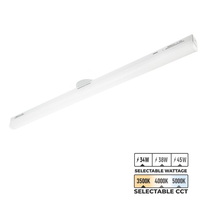 This 4' LED Strip Light Fixture features selectable wattage (34W, 38W, 45W) and CCT (3500K, 4000K, 5000K). This 4' LED Strip Light Fixture features selectable wattage (34W, 38W, 45W) and CCT (3500K, 4000K, 5000K).