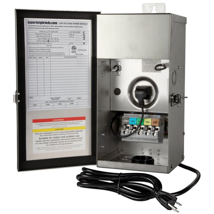 DiodeDrive 300W Low Voltage Stainless Steel Transformer - Multi-Tap 12V / 13V / 14V / 15V Output - Optional Photocell main product photo
