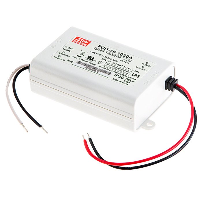MEAN WELL Constant Current LED Driver - PCD-16 Series - 1050mA - 12-16 VDC MEAN WELL Constant Current LED Driver - PCD-16 Series - 1050mA - 12-16 VDC