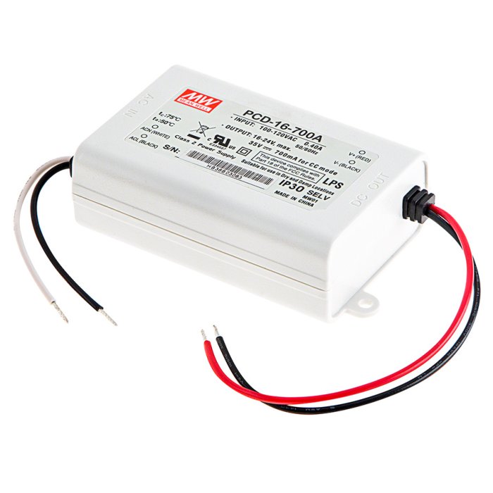 MEAN WELL Constant Current LED Driver - PCD-16 Series - 700mA - 16-24 VDC MEAN WELL Constant Current LED Driver - PCD-16 Series - 700mA - 16-24 VDC