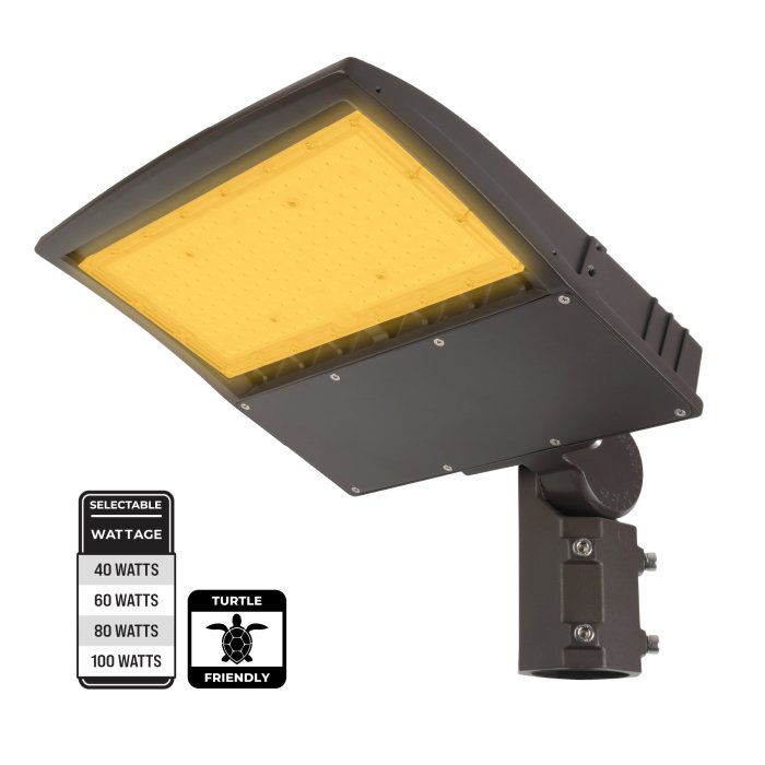 Turtle-Friendly Amber LED Parking Lot Light with Mount - Selectable Wattage - Optional Photocell and Glare Shield - 595nm main product photo