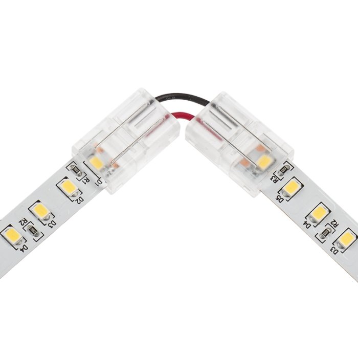 Solderless Clamp-On Left / Right ‘L’ Wire Connector - 10mm Single Color LED Strip Lights Solderless Clamp-On Left / Right ‘L’ Wire Connector - 10mm Single Color LED Strip Lights