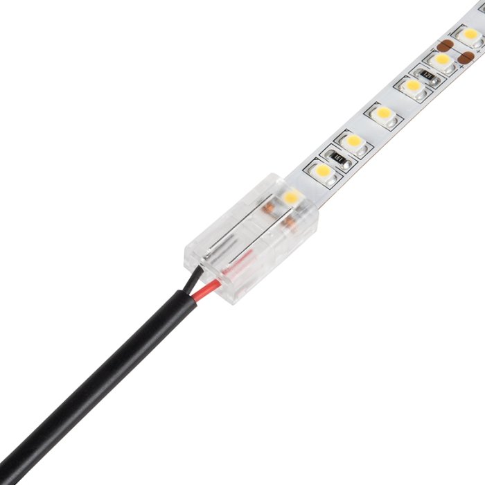 Solderless Clamp-On LED Strip Light to 5.5mm DC Barrel Connector - 8mm Single Color Strips - 22 AWG Solderless Clamp-On LED Strip Light to 5.5mm DC Barrel Connector - 8mm Single Color Strips - 22 AWG