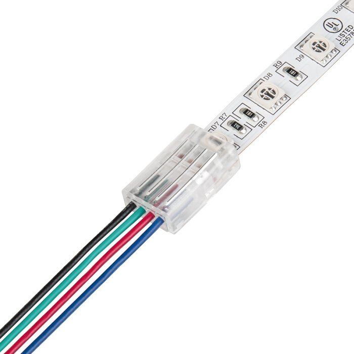 Solderless Clamp-On LED Strip Light to Pigtail Adaptor - 10mm RGB Strips - 22 AWG Solderless Clamp-On LED Strip Light to Pigtail Adaptor - 10mm RGB Strips - 22 AWG