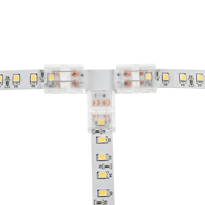 Solderless Clamp-On T Connector for 10mm Single Color LED Strip Lights Solderless Clamp-On T Connector for 10mm Single Color LED Strip Lights