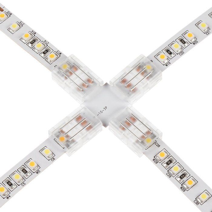 Solderless Clamp-On Cross Connector for 10mm Tunable White LED Strip Lights Solderless Clamp-On Cross Connector for 10mm Tunable White LED Strip Lights