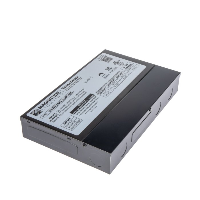 Angled top view of Magnitude VersaDrive 5-way Universal Dimmable Constant Voltage LED Power Supply Angled top view of Magnitude VersaDrive 5-way Universal Dimmable Constant Voltage LED Power Supply
