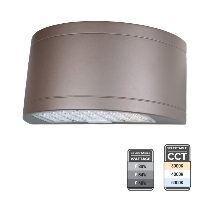 Half Moon LED Wall Pack - Up/Down Light - Selectable Wattage and CCT - Up To 5,800 Lumens - Bypassable Photocell - 175W MH Equivalent - 24W / 32W / 40W - 3000K / 4000K / 5000K Half Moon LED Wall Pack - Up/Down Light - Selectable Wattage and CCT - Up To 5,800 Lumens - Bypassable Photocell - 175W MH Equivalent - 24W / 32W / 40W - 3000K / 4000K / 5000K
