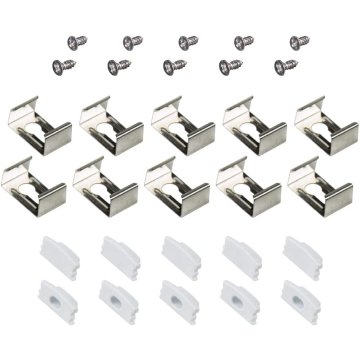 This hardware kit includes ten mounting brackets and screws, and ten white endcaps (five with wire access holes, five without).