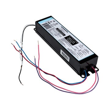 Angled view of Advance Xitanium 180W Programmable LED Constant Current Driver with one pair of input pigtails (black and white) and two pairs of output pigtails (red, blue, pink, and purple)