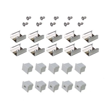 This hardware kit includes ten mounting brackets and screws, and ten gray endcaps (five with wire access holes, five without).