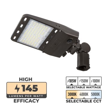 Parking Lot LED Area Light - Selectable CCT and Wattage 100W / 150W / 185W - Up to 400W MH Equivalent - Up to 26,825 Lumens - Optional Photocell