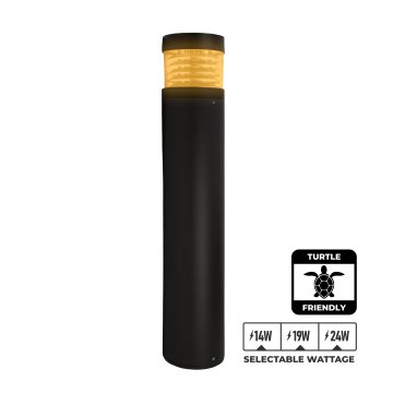 The Black Round Amber LED Turtle Friendly Bollard Light features a louvered reflector and selectable wattage (14W, 19W, 24W). Its clear lens is shown in amber for illustration.