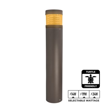 The Bronze Round Amber LED Turtle Friendly Bollard Light features a louvered reflector and selectable wattage (14W, 19W, 24W). Its clear lens is shown in amber for illustration.