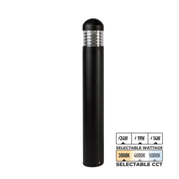 Round Dome Top LED Bollard with Louvers - Black Finish - Selectable Wattage - Selectable CCT - Up to 1800 Lumens - 120-277 VAC