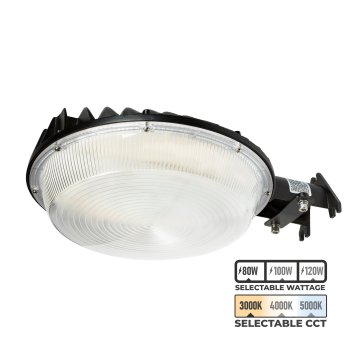 The Dusk To Dawn Area Light features field-selectable wattage (80W, 100W, or 120W) and CCT (3000K, 4000K, or 5000K).