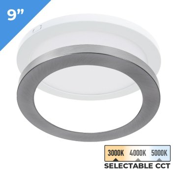TCP 9" LED Slim Flush Mount Fixture - 18 W - Satin Nickel Trim Ring - Selectable CCT - Dimmable - Up To 1,370 Lumens