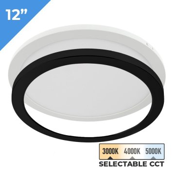 TCP 12" LED Slim Flush Mount Fixture - 24 W - Matte Black Trim Ring - Selectable CCT - Dimmable - Up To 2,040 Lumens