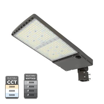 This High Voltage LED Parking Lot Light features selectable CCT (3000K, 4000K, or 5000K) and wattage (240W, 300W, 400W, or 500W).