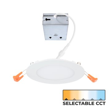 The TCP 4" Ultra-Thin Snap-In LED Downlight features selectable CCT (2700K, 3000K, 3500K, 4000K, 5000K).