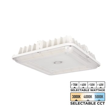 The LED Canopy Light has selectable wattage (40W, 50W, 60W, or 75W) and selectable CCT (3000K, 4000K, or 5000K).