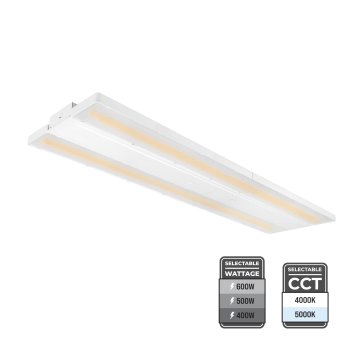 The 4’ LED Linear High Bay features selectable CCT (4000K / 5000K) and selectable wattage (400W / 500W / 600W).                             
                        