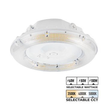 Round LED parking garage canopy light - selectable wattage and CCT - up to 13,500 lumens - 60, 80, or 100 watts - 3500K, 4000K, or 5000K