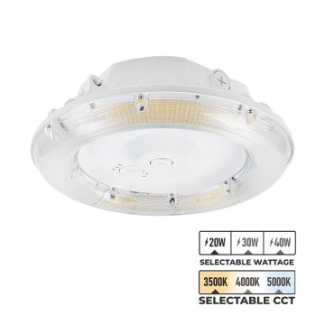 Round LED parking garage canopy light - selectable wattage and CCT - up to 5,400 lumens - 20, 30, or 40 watts - 3500K, 4000K, or 5000K
