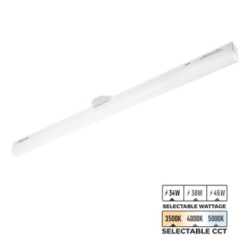 This 4' LED Strip Light Fixture features selectable wattage (34W, 38W, 45W) and CCT (3500K, 4000K, 5000K).